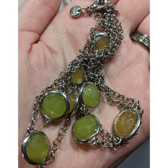 Loft Green And Yellow Gemmed Station Necklace On Silver Tone Rolo Chain - Picture 3 of 5